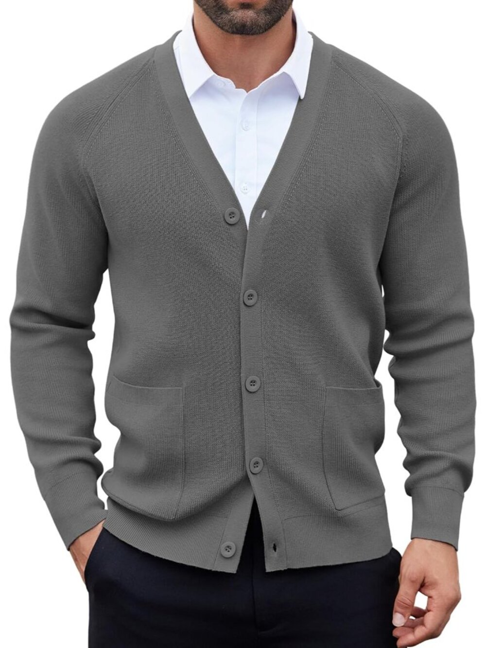 🆕Men's Dark Grey Cardigan Sweaters with Button Lightweight V Neck Casual